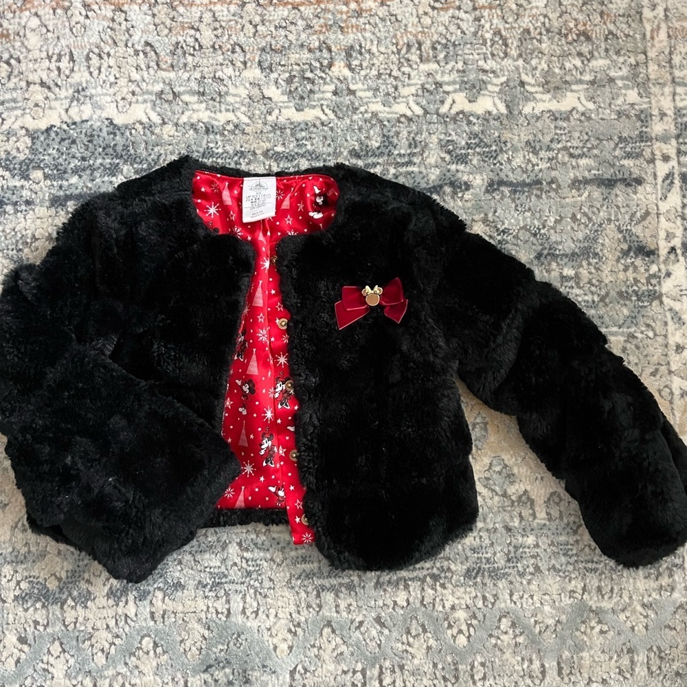 Disney Black Faux Fur Kids Jacket with Red Accents Bow Lined Size 5/6